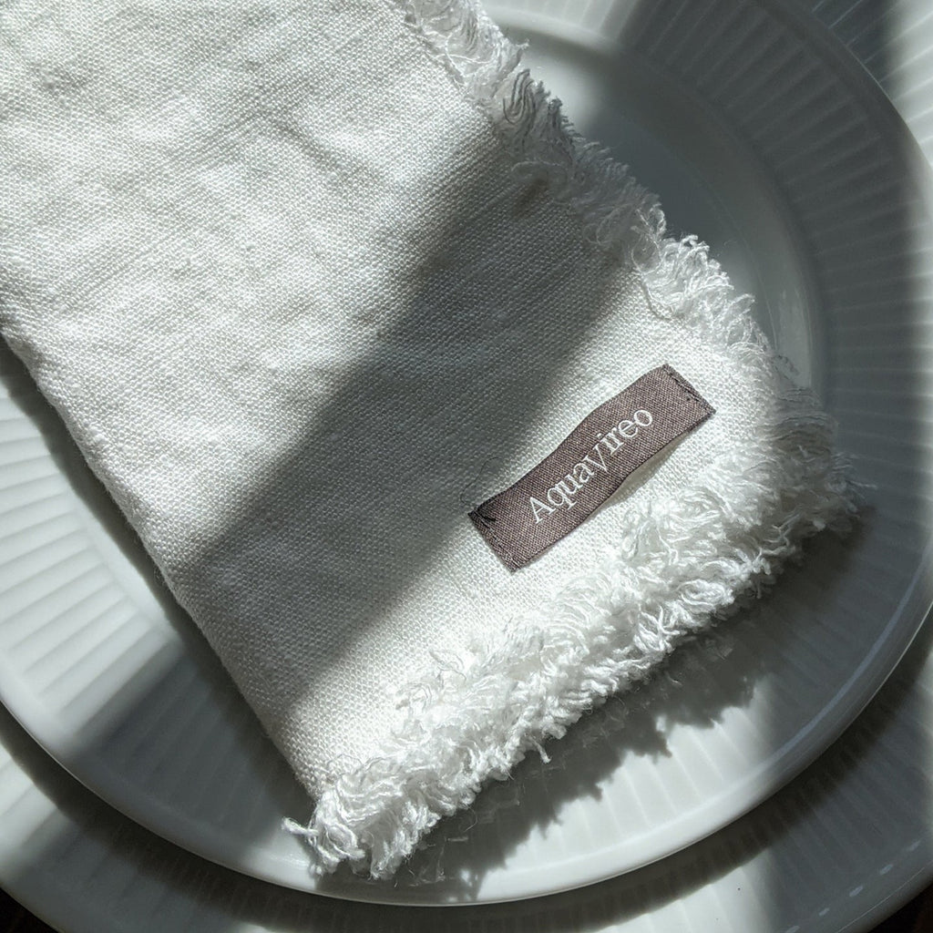AquaVireo Fringed Linen Napkins / Pack of 4 / 47x47cm / White