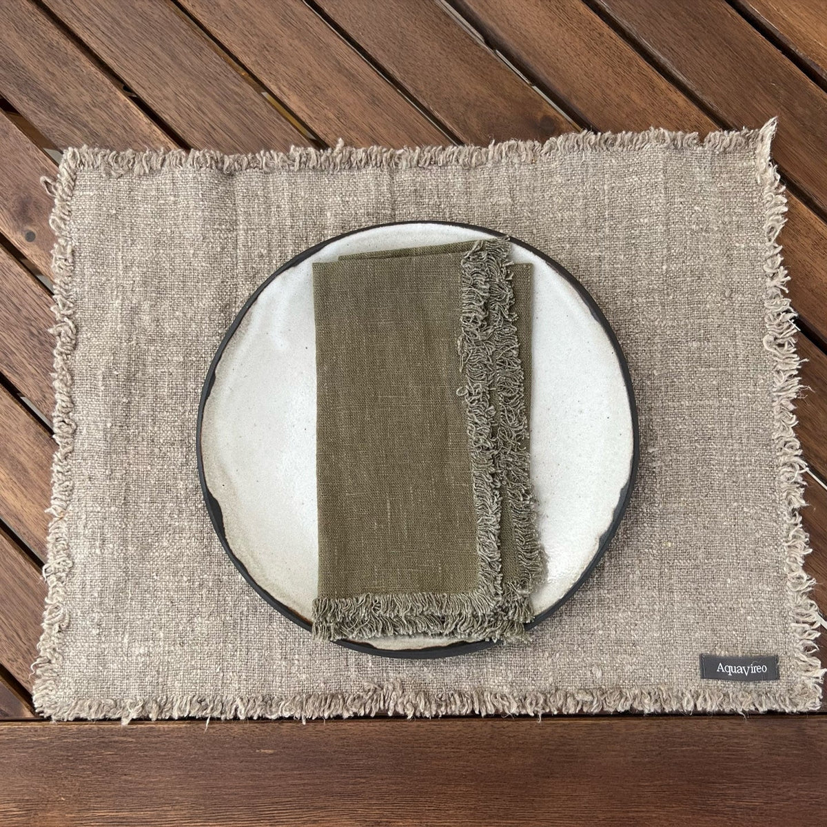 AquaVireo Fringed Coarse Linen Placemats / Pack of 4 / Natural