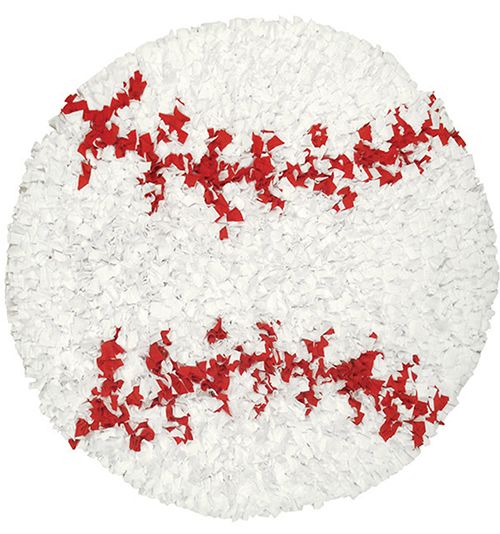Modern Round White and Red Abstract Baseball – Inspired Rug, 6 – 8ft