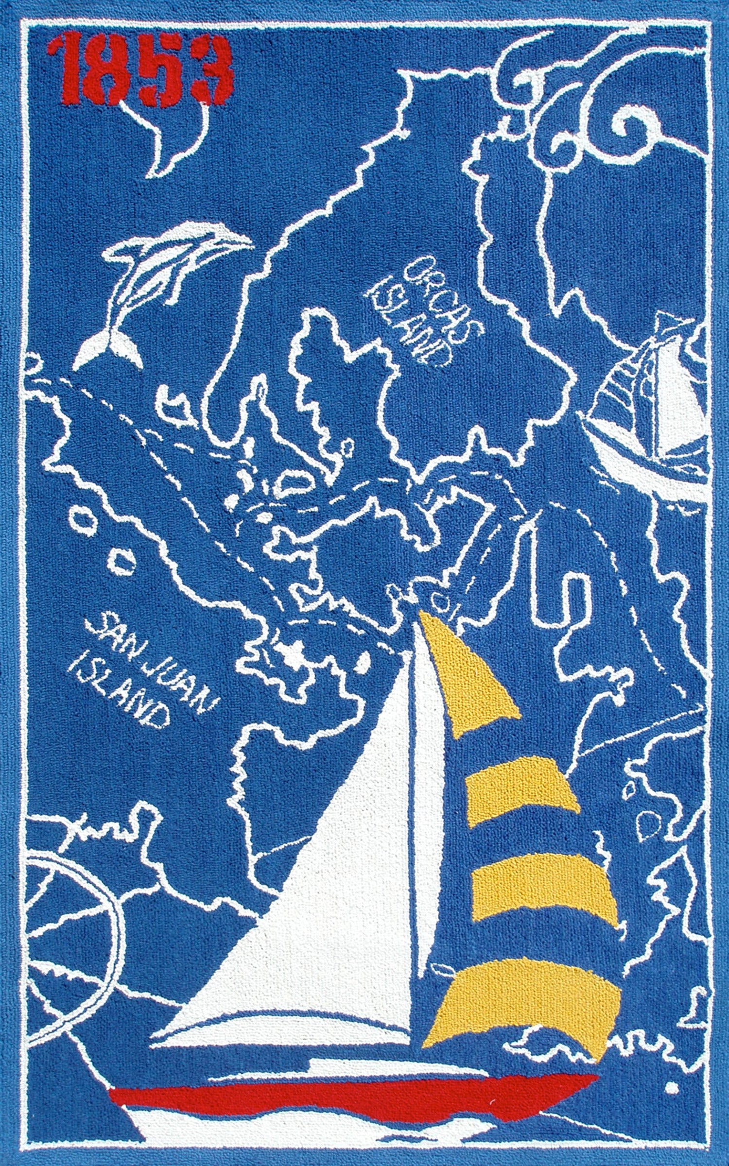 Vintage Coastal Nautical Area Rug in Blue, White, Yellow, and Red - 5x7 Size