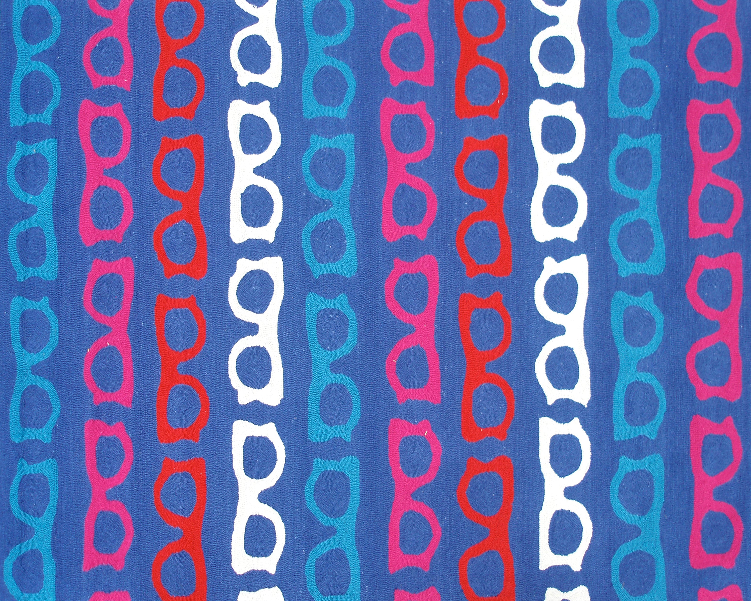 5x7.6 Modern Geometric Area Rug in Deep Blue, Red, Pink, White, and Turquoise