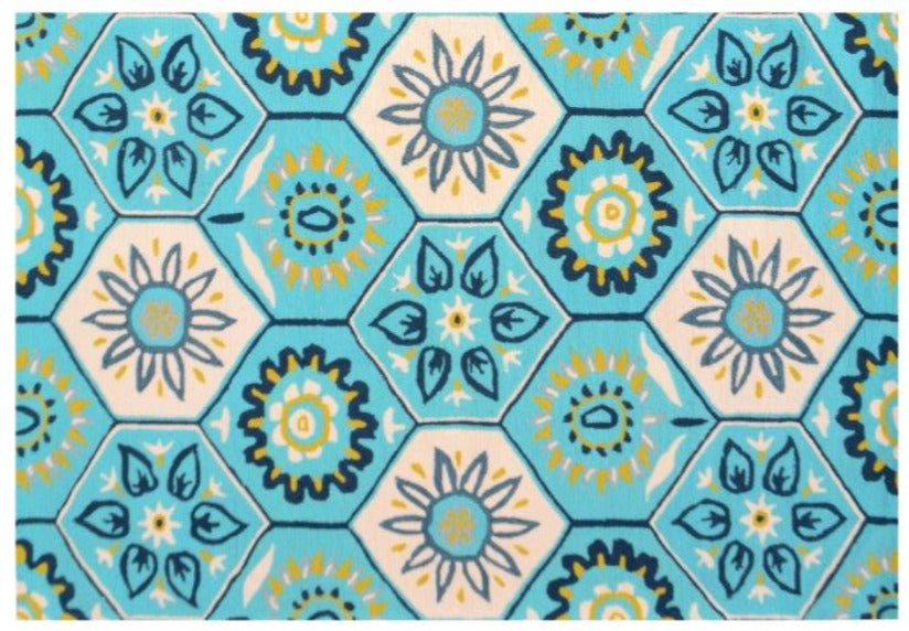Bohemian - Modern Geometric Floral Area Rug in Turquoise, Yellow, Cream, and Navy