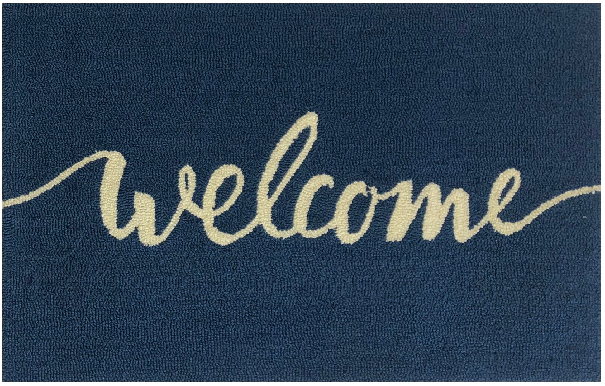 Modern Deep Navy Blue and Cream Typographic Welcome Area Rug for Indoor Entryways