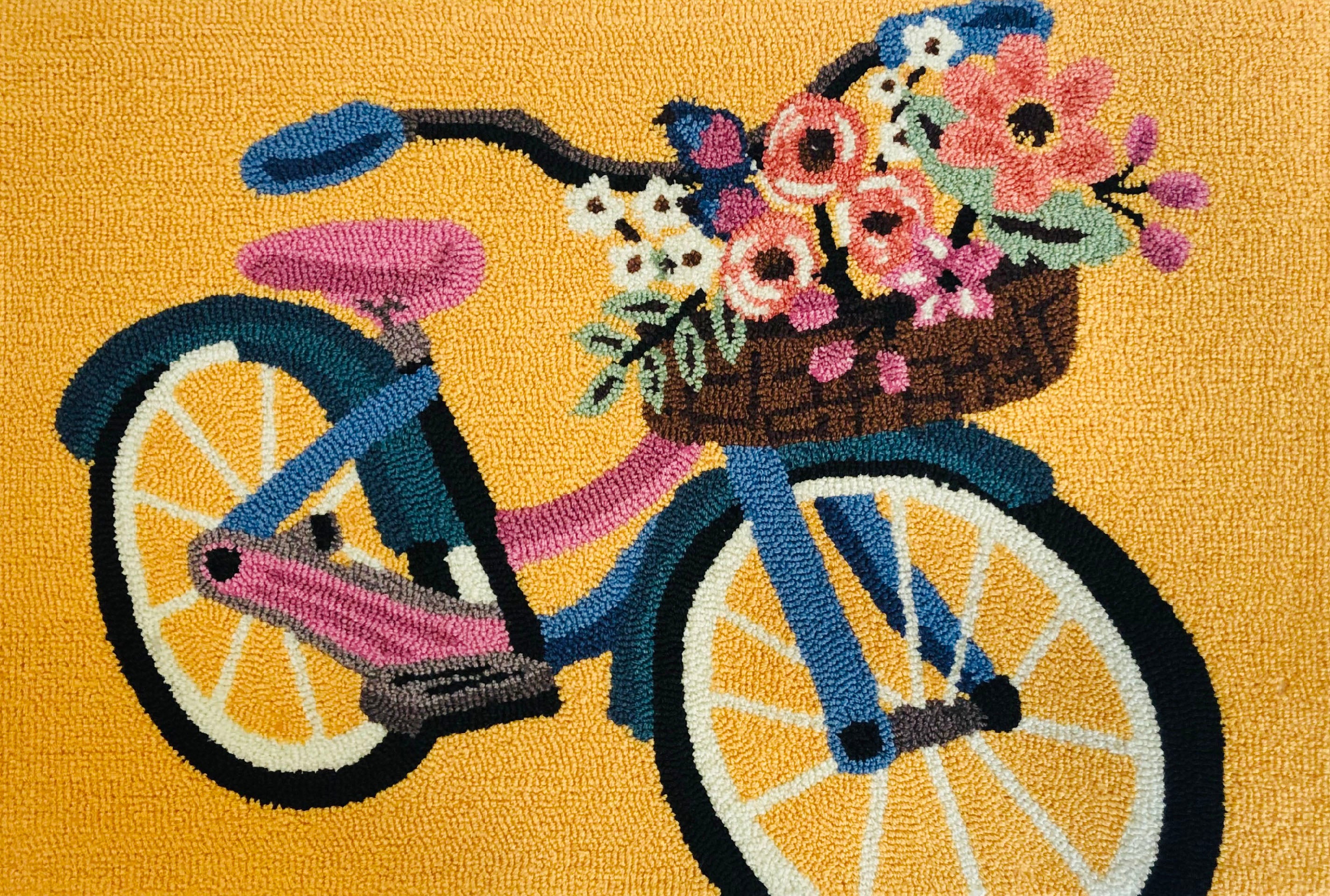 Vibrant Polyester Area Rug with Whimsical Bicycle and Floral Basket Design