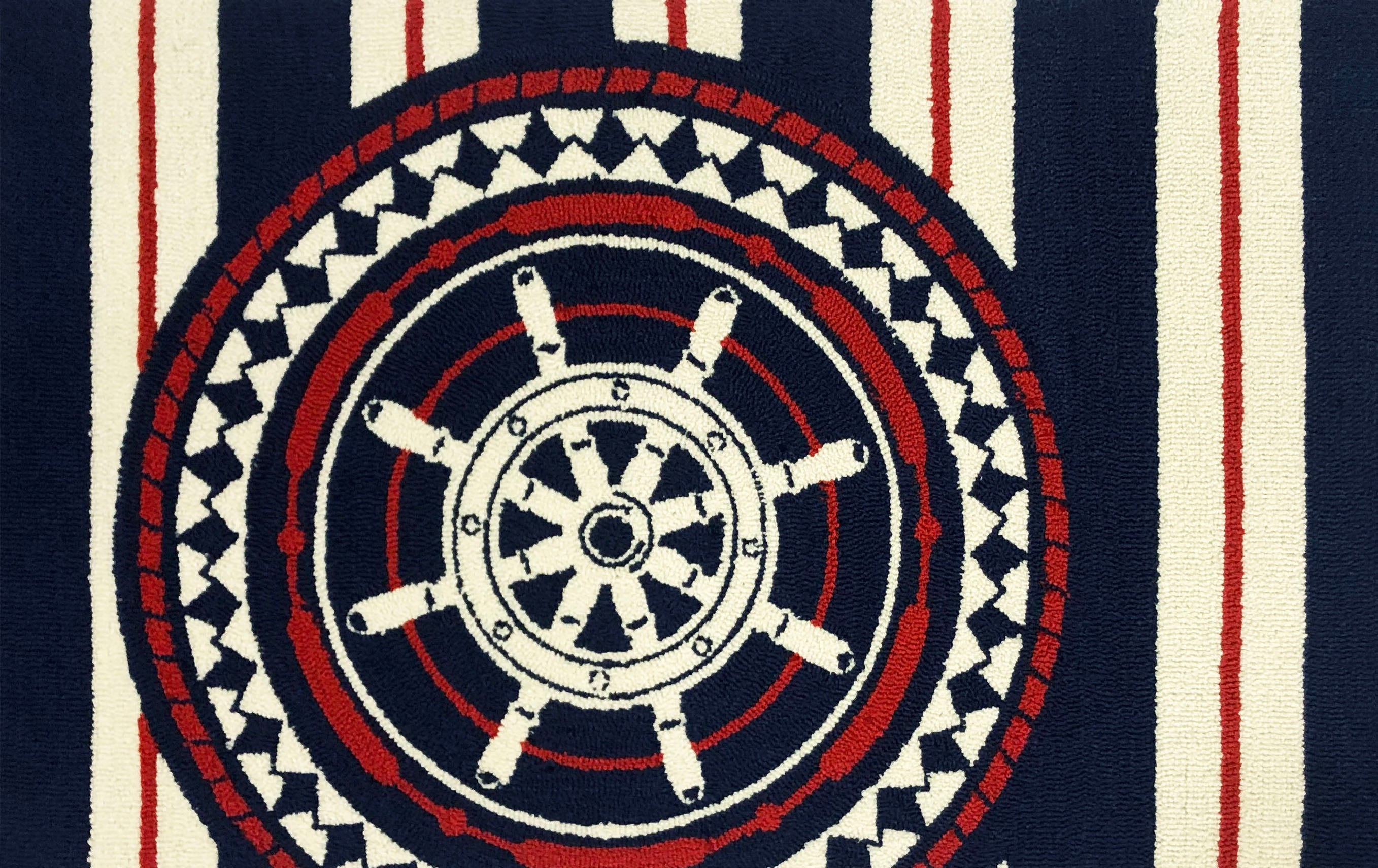 Coastal Geometric Area Rug with Nautical Ship's Wheel Medallion