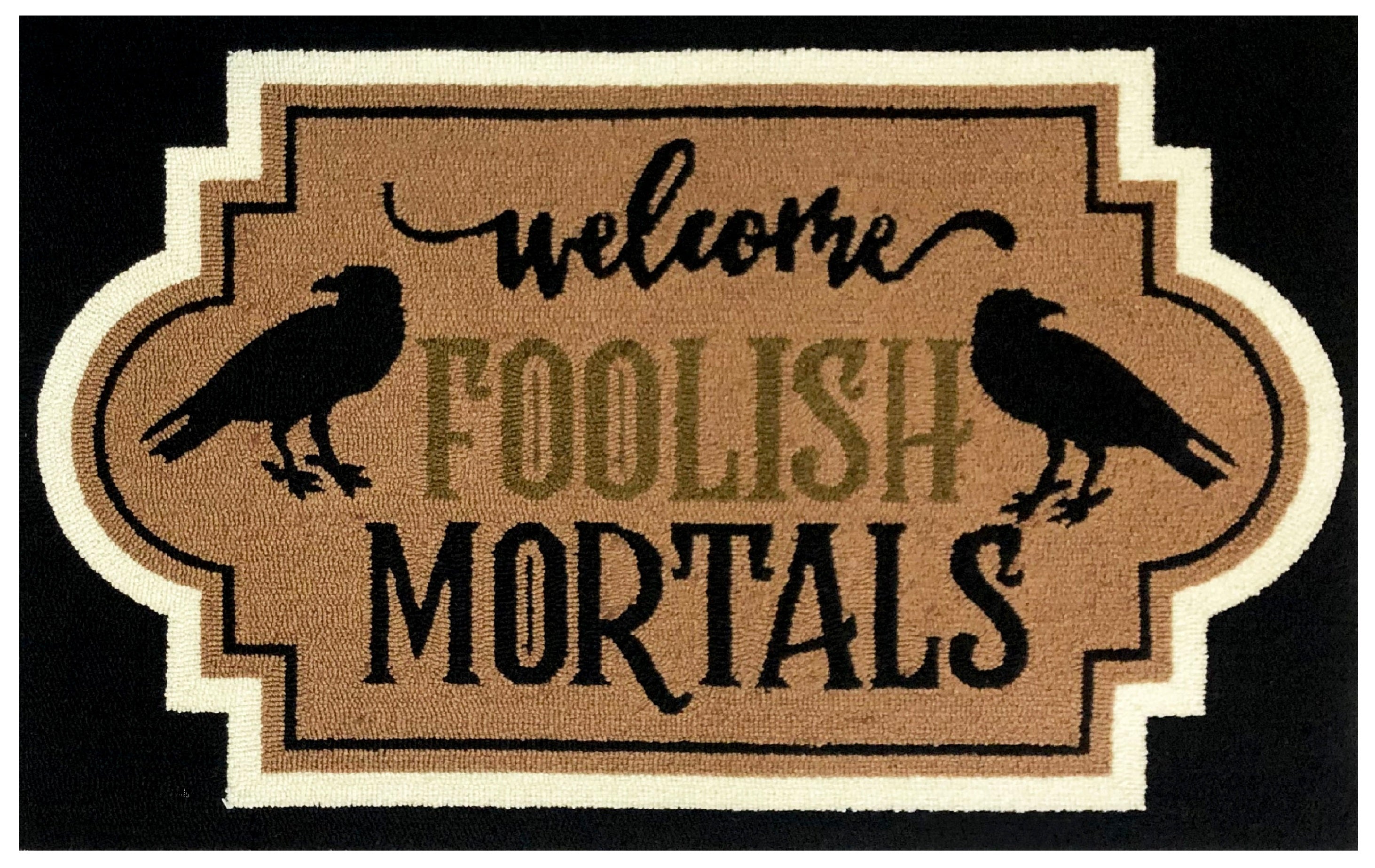 Whimsical Spooky Themed Entryway Doormat in Tan, Black, and White