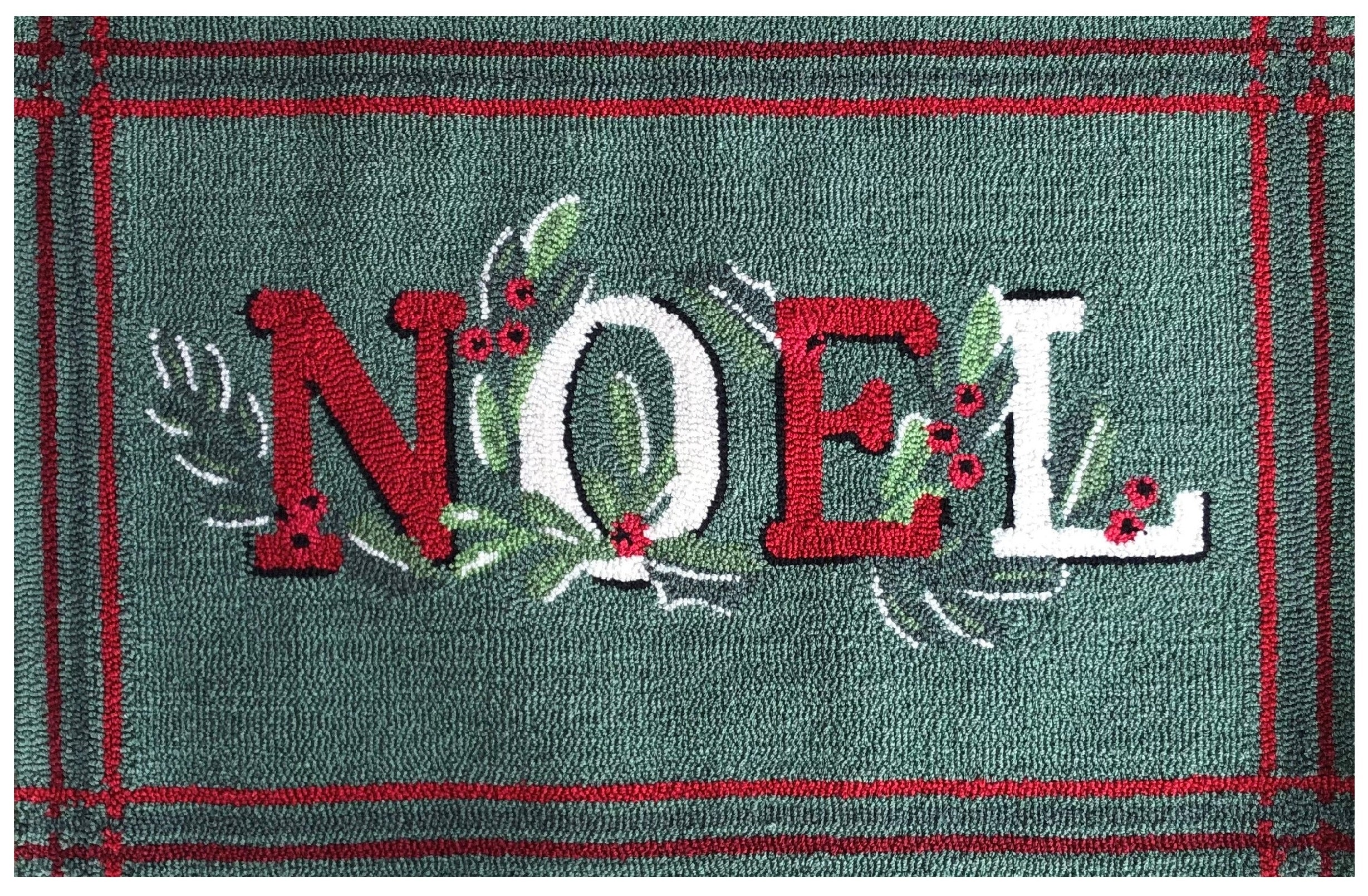 Traditional Teal and Red Striped Holiday Small Area Rug with NOEL Design