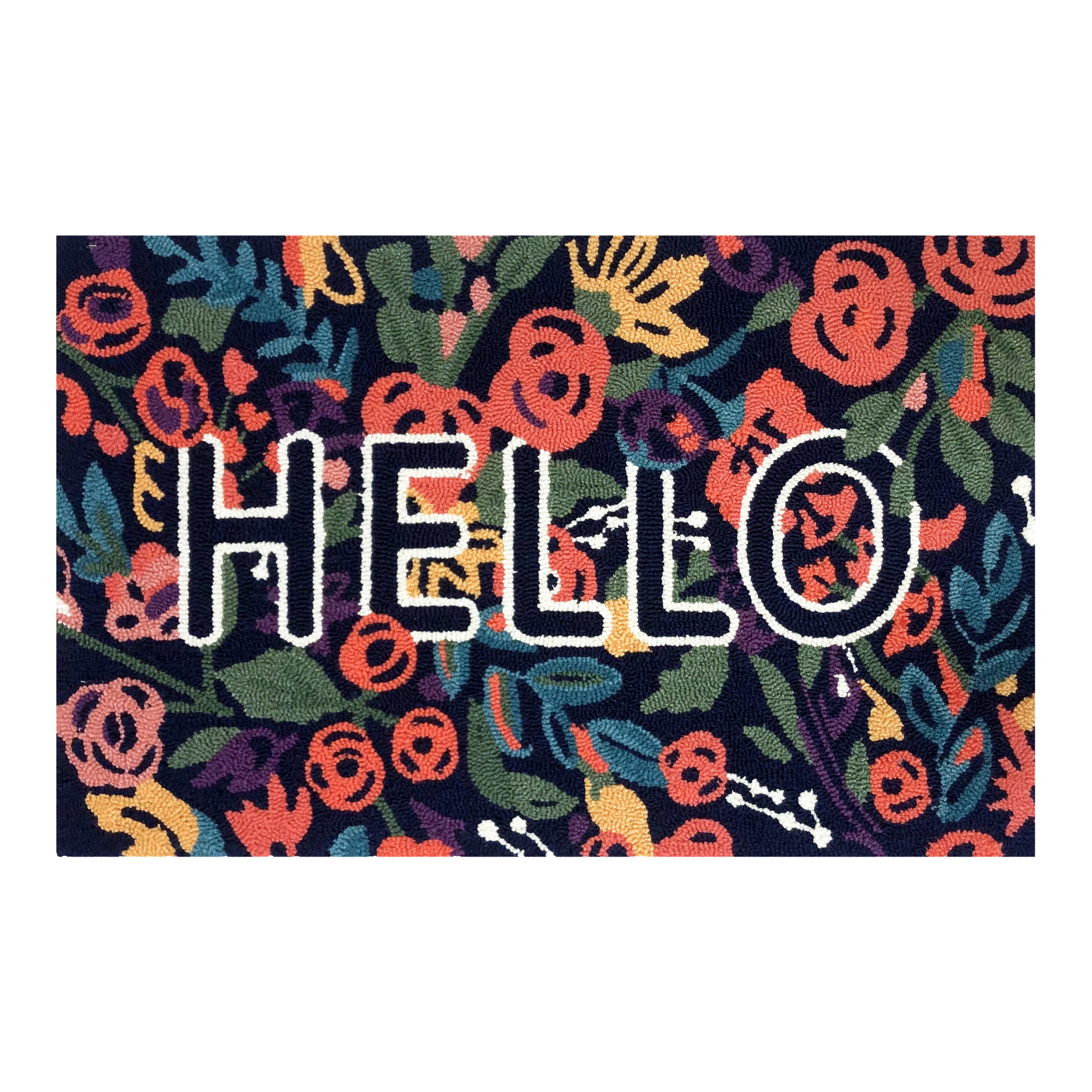 Bohemian Floral Entryway Rug with Bold 'HELLO' Text