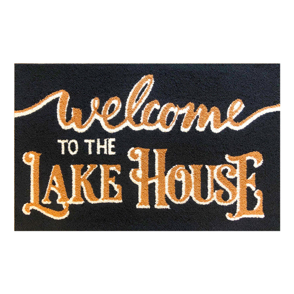 Vintage Lake House Welcome Doormat - Black, Orange & White Text, Synthetic Material