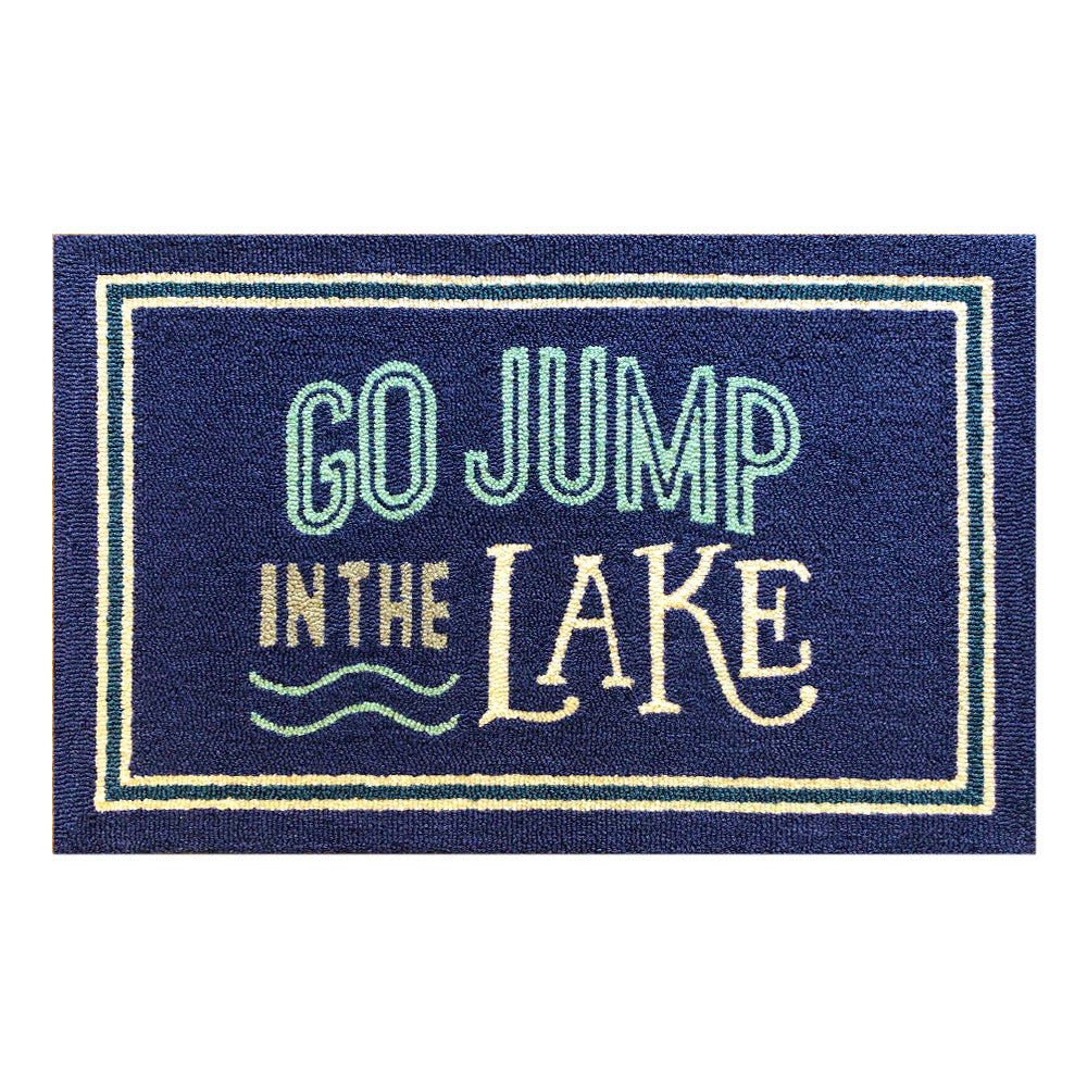 Vintage - inspired Casual Rectangular Area Rug with Navy Blue Base and Playful Typography