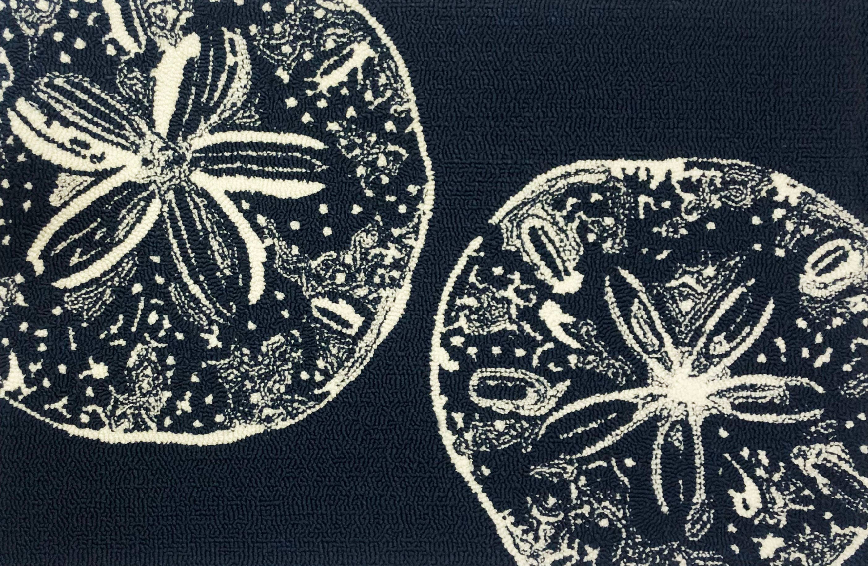 Modern Coastal Area Rug with Navy Blue and White Sand Dollar Motifs