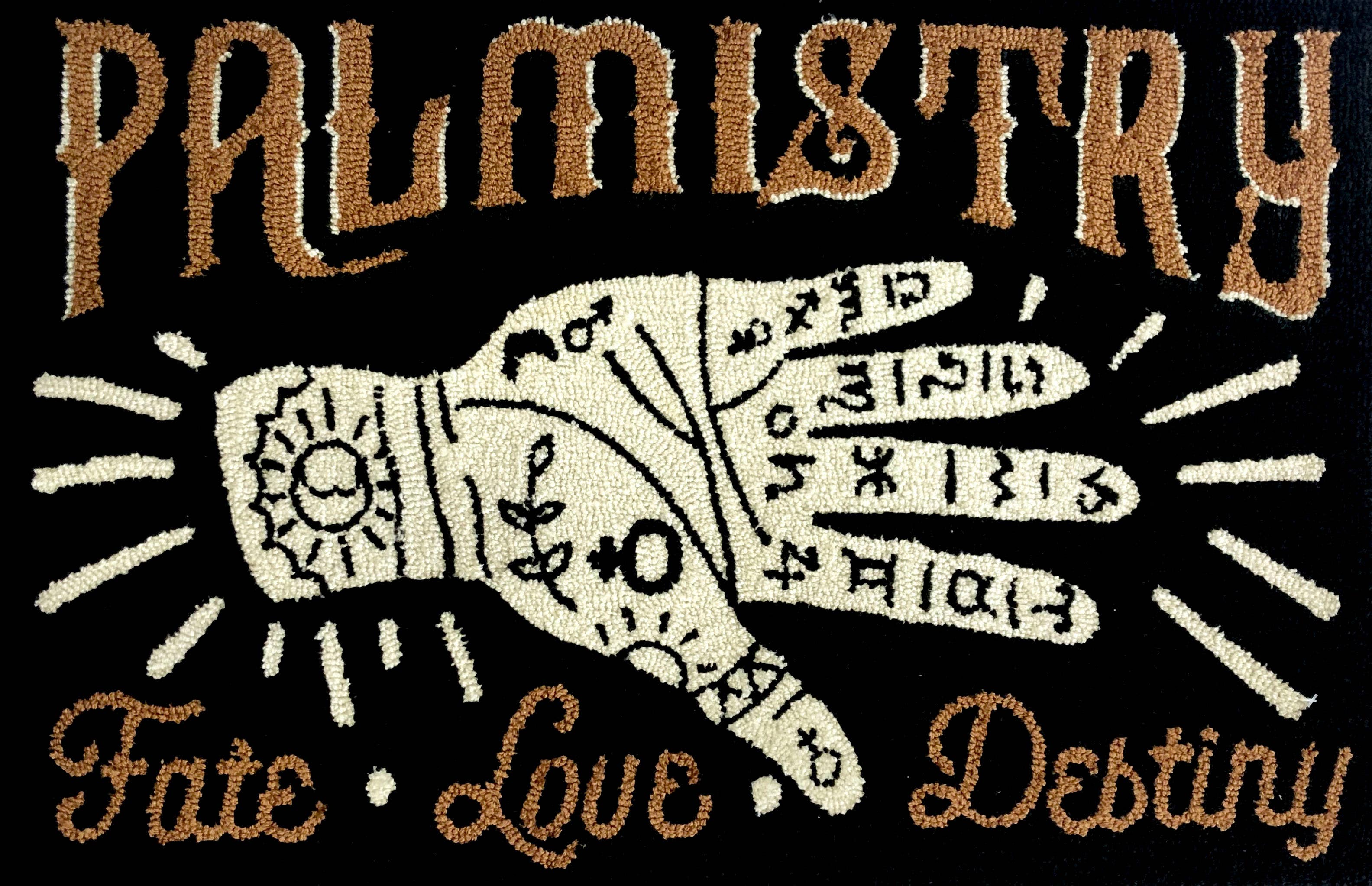 Bohemian Vintage Folk Art Area Rug with Palmistry Motif in Black, White, and Brown