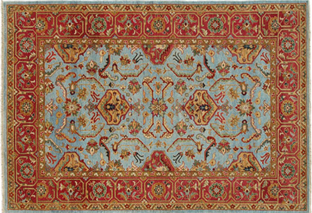 Traditional Oriental Area Rug with Light Blue, Red, Gold, and Green Colors