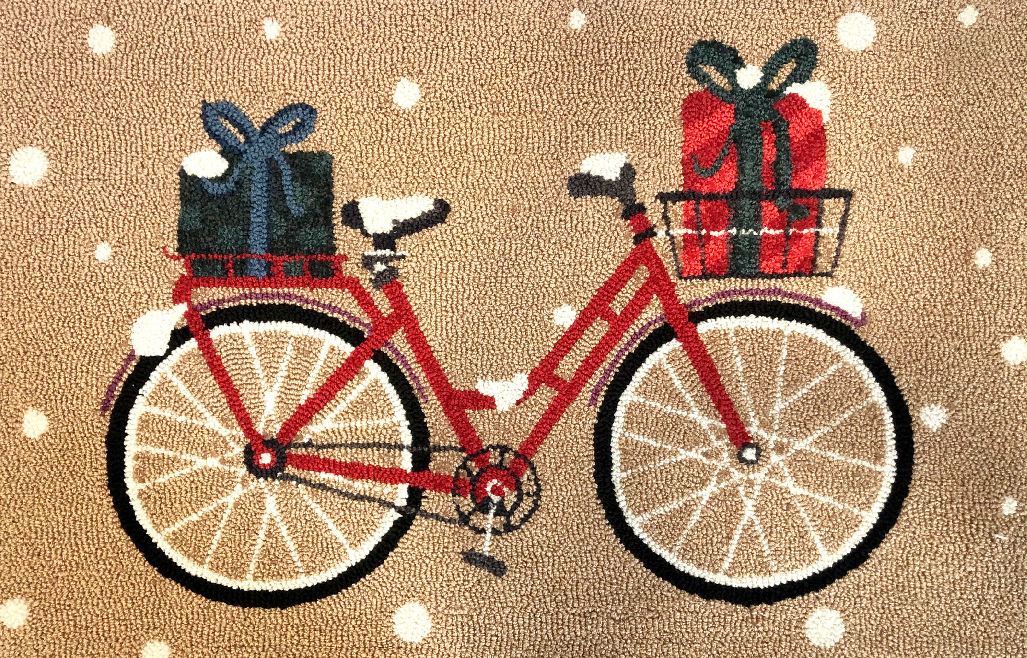 Festive Indoor Area Rug with Bicycle and Christmas Gifts Design