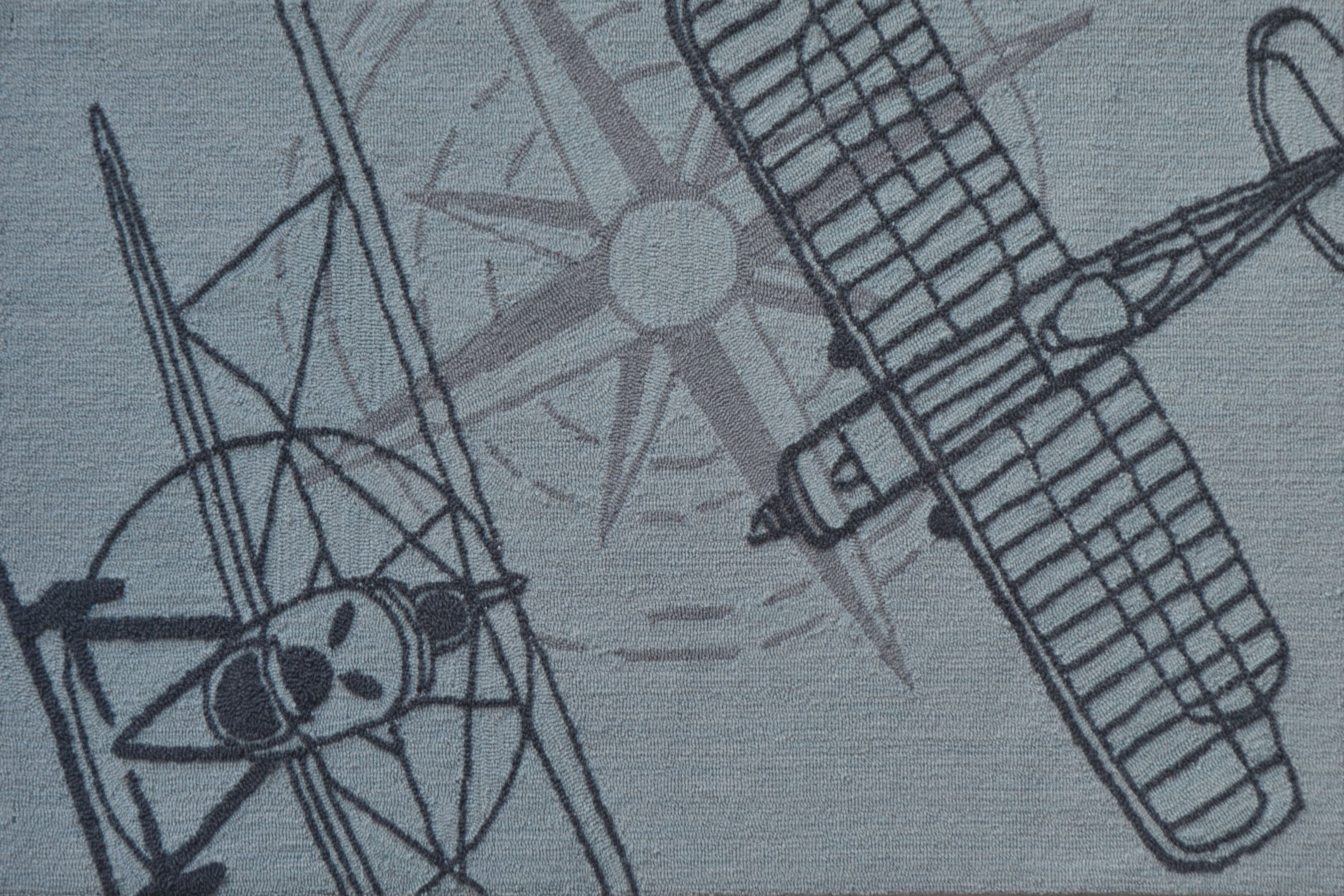 Vintage Aviation-Themed Area Rug with Low Pile and Two-Tone Colors