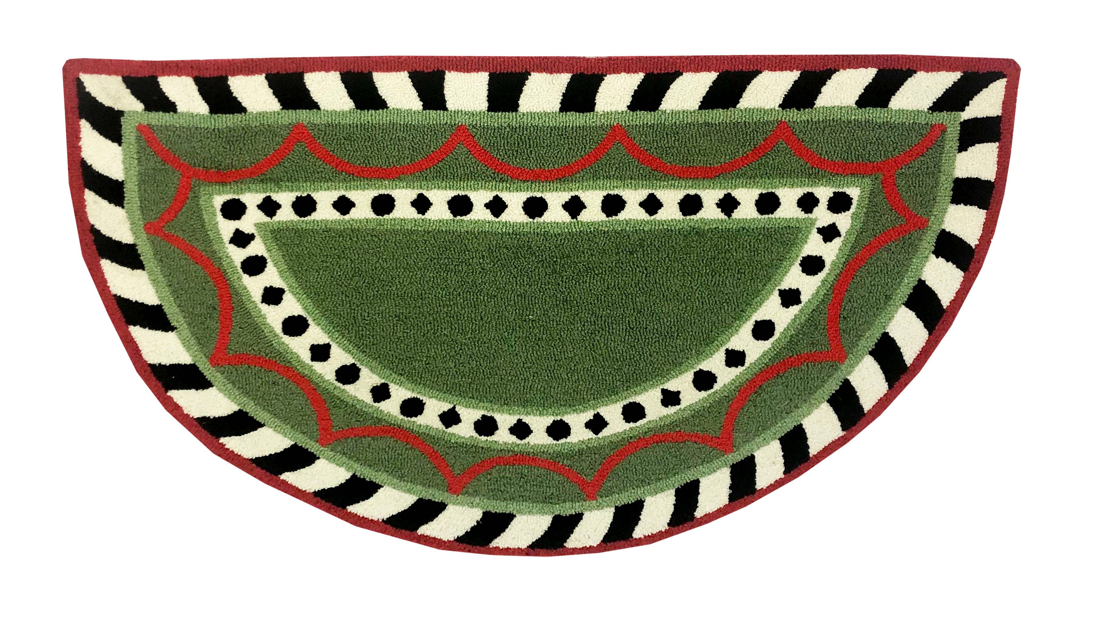 Modern Geometric Half-Round Entryway Rug in Green, Red, Black, and White