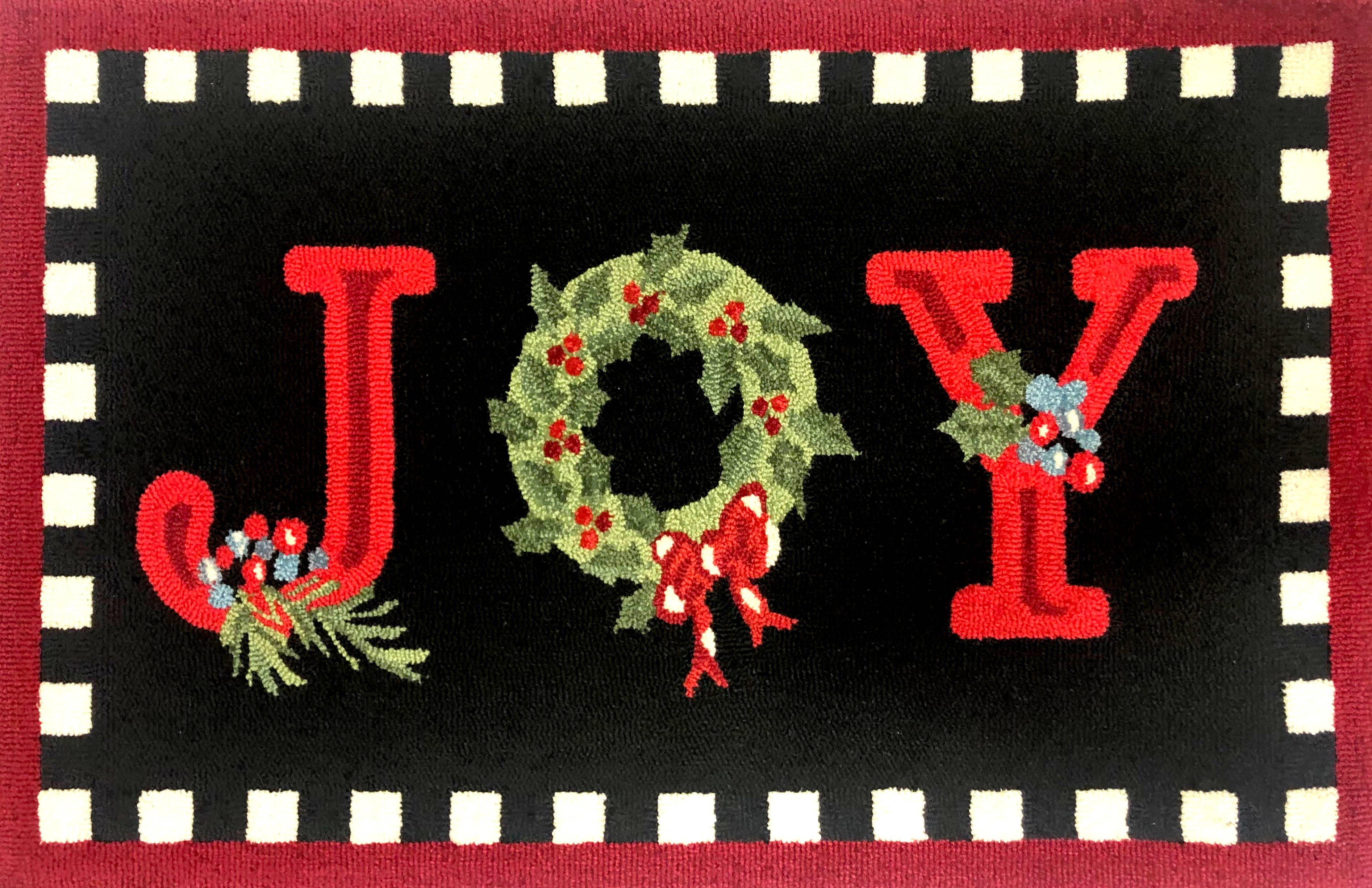 Traditional Holiday Area Rug with JOY Design and Checkered Border