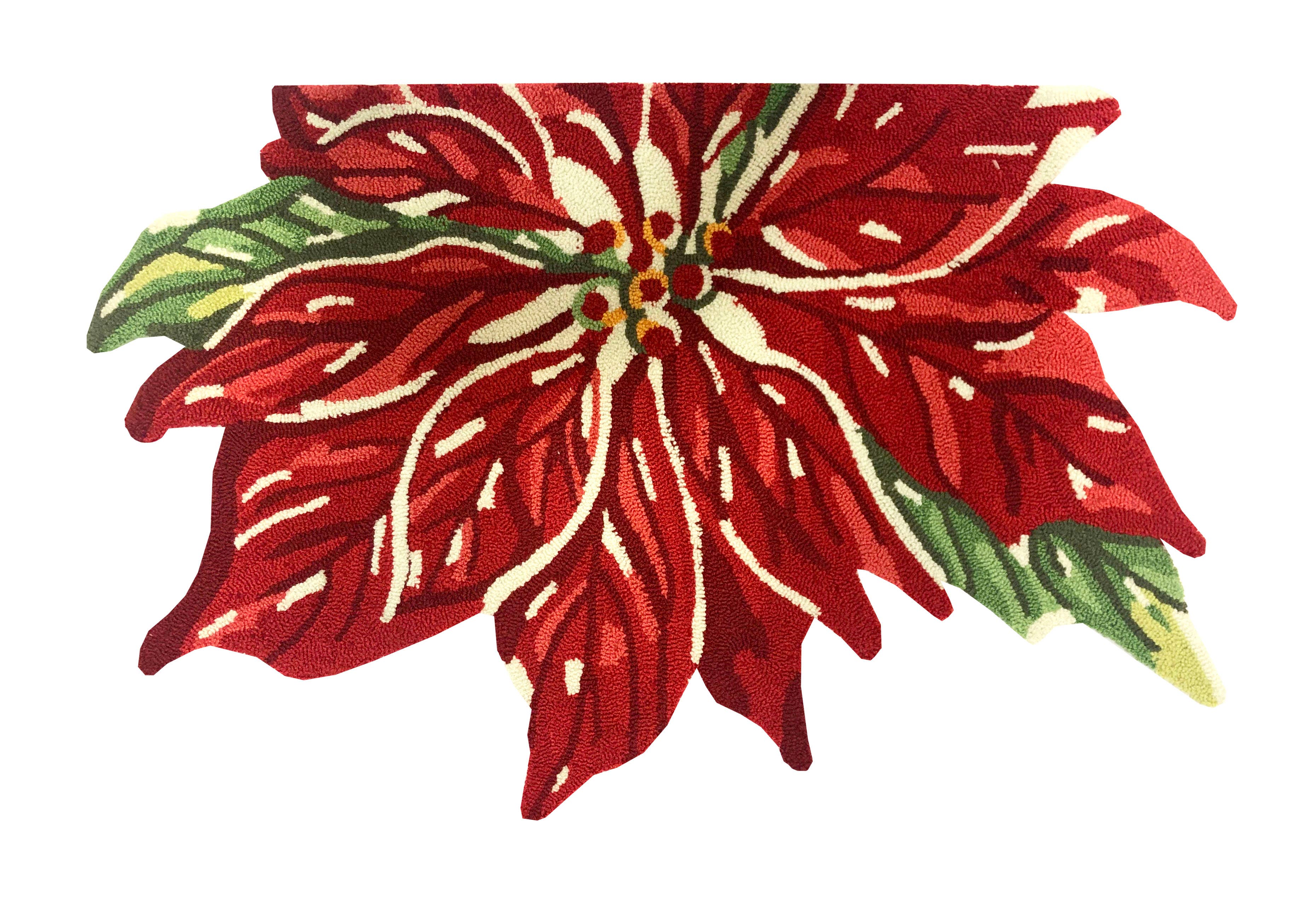 Festive Traditional Floral Area Rug with Red Poinsettia Design