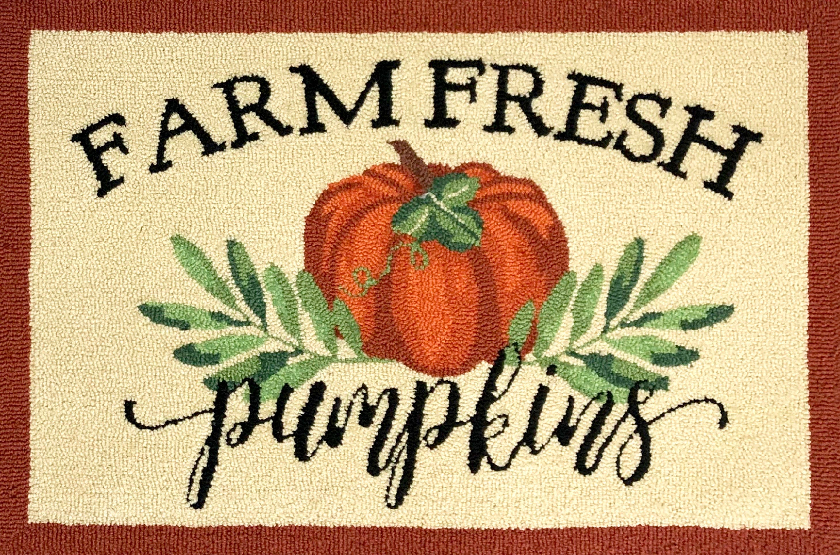 Traditional Rustic Harvest Entryway Rug with Orange Pumpkins and Green Leaves